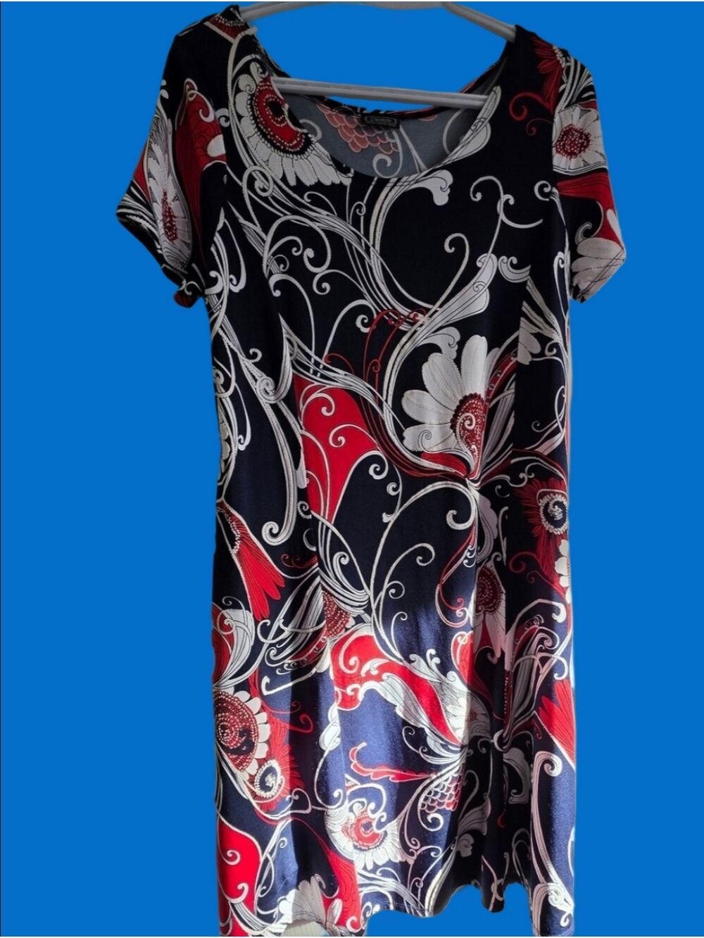 4/$67 Deal! Clientele Navy Floral-Print Short Sleeve Midi Dress with Red & White